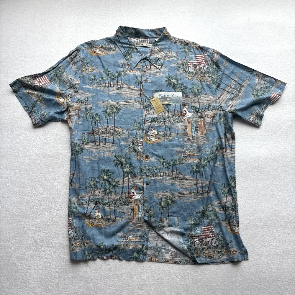 Batik Bay Sport Shirt Women XL Teal New Tropical Pin-Up Rayon Button Down 22540